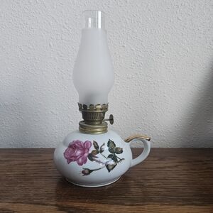 Vintage Kasauga Ware Oil Lamp with Pink Rose Design